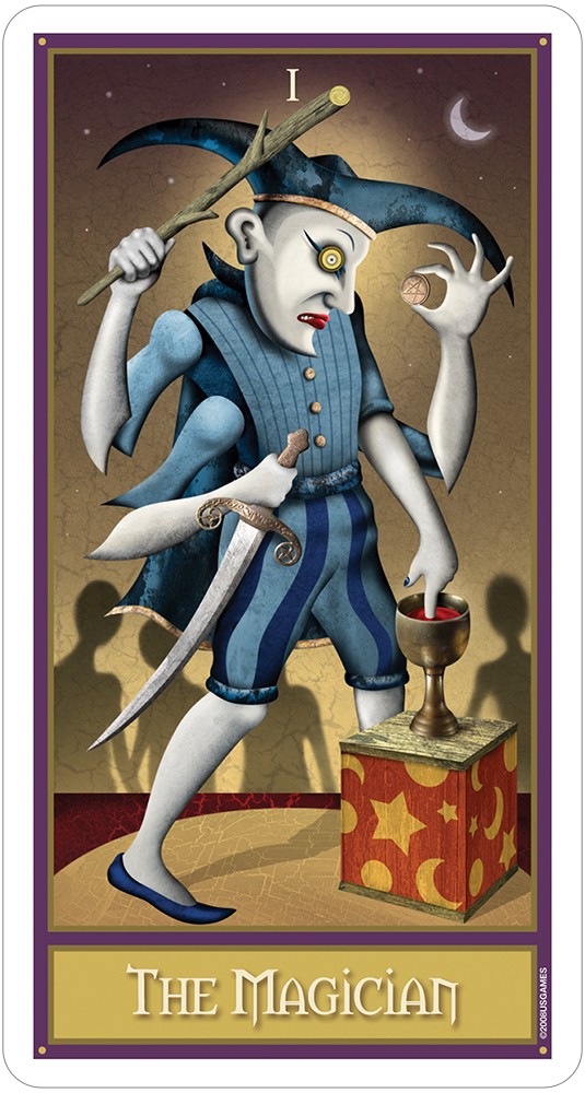card labeled "the magician." image depicts a four armed man. each arm holds a magical tool, a cup, a wand, a knife, and a pentacle. he is wearing a jester hat