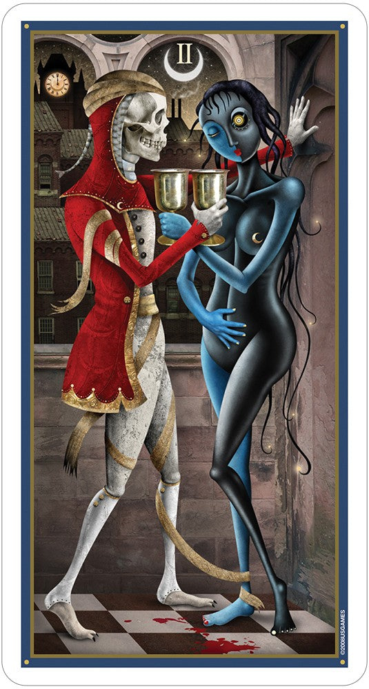 card image depicts a skeleton wearing noble clothing linking arms with a walking corpse. each figure is holding a cup in its hand.