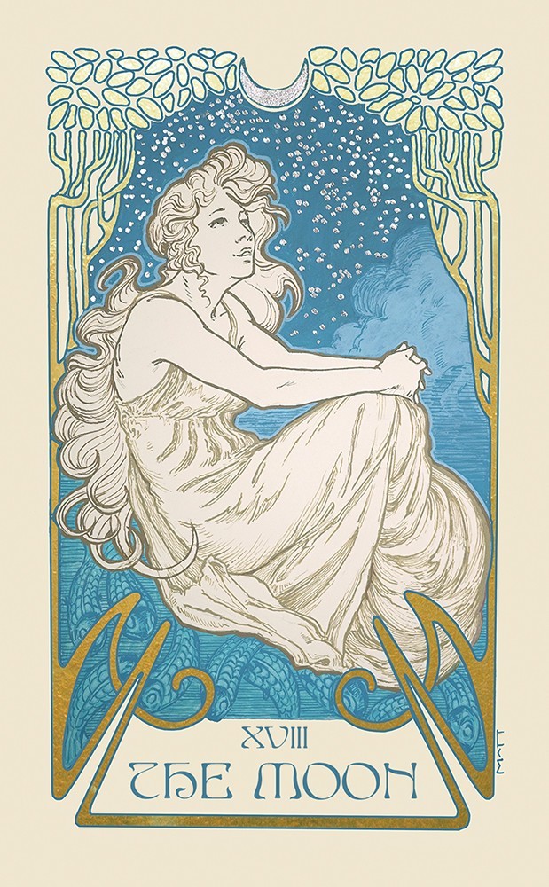 card labeled "the Moon." image depicts a pale woman in a white dress gazing at the stars.