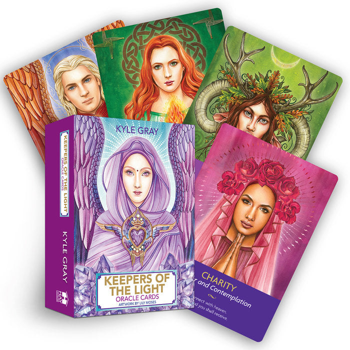 box labeled "keepers of the light oracle cards." cards depict a goddess figure in a pink veil, a horned god, and a celtic goddess wreathed in flames
