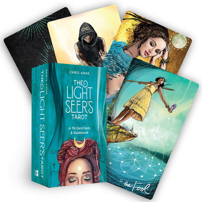 box labeled "light seer's tarot." cards depict a woman about to fall off a cliff into a pool and a smiling woman in dreadlocks