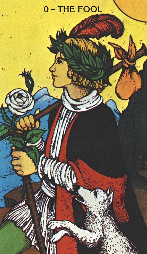card labeled "the fool." image depicts a man carrying a bindle with a dog trailing behind