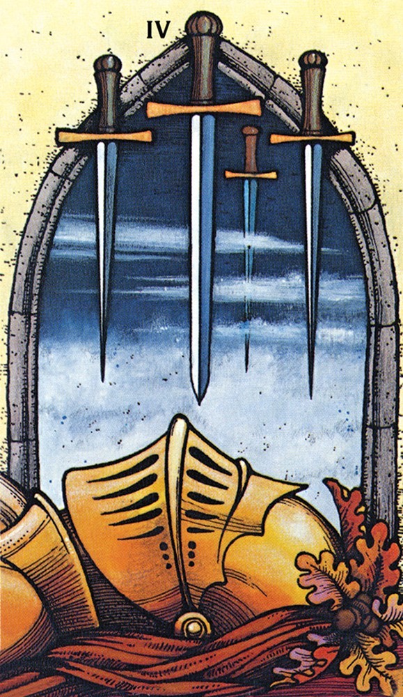 card depicts a knight lying prostrate while four swords hang above