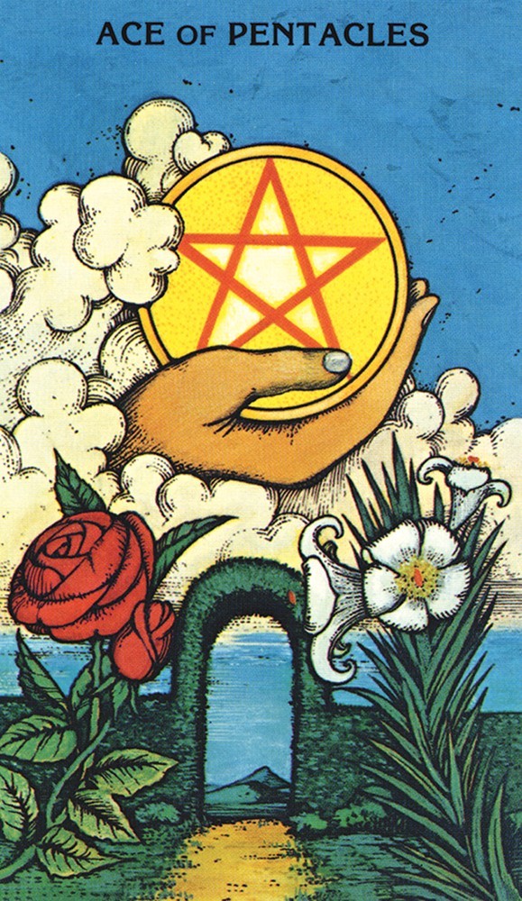 card depicts a hand holding a pentacle over a walled garden