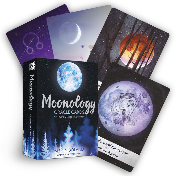 box labeled "moonology oracle cards." cards depict the moon in various phases and locales. 