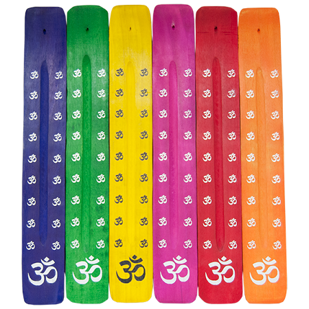 collection of incense ash catchers in multiple colors, painted with "om" symbol