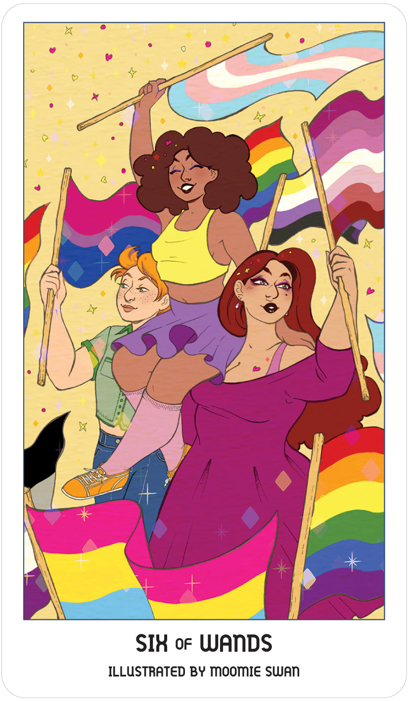 card labeled "six of wands." depicts group of women carrying various lgbtq pride flags.