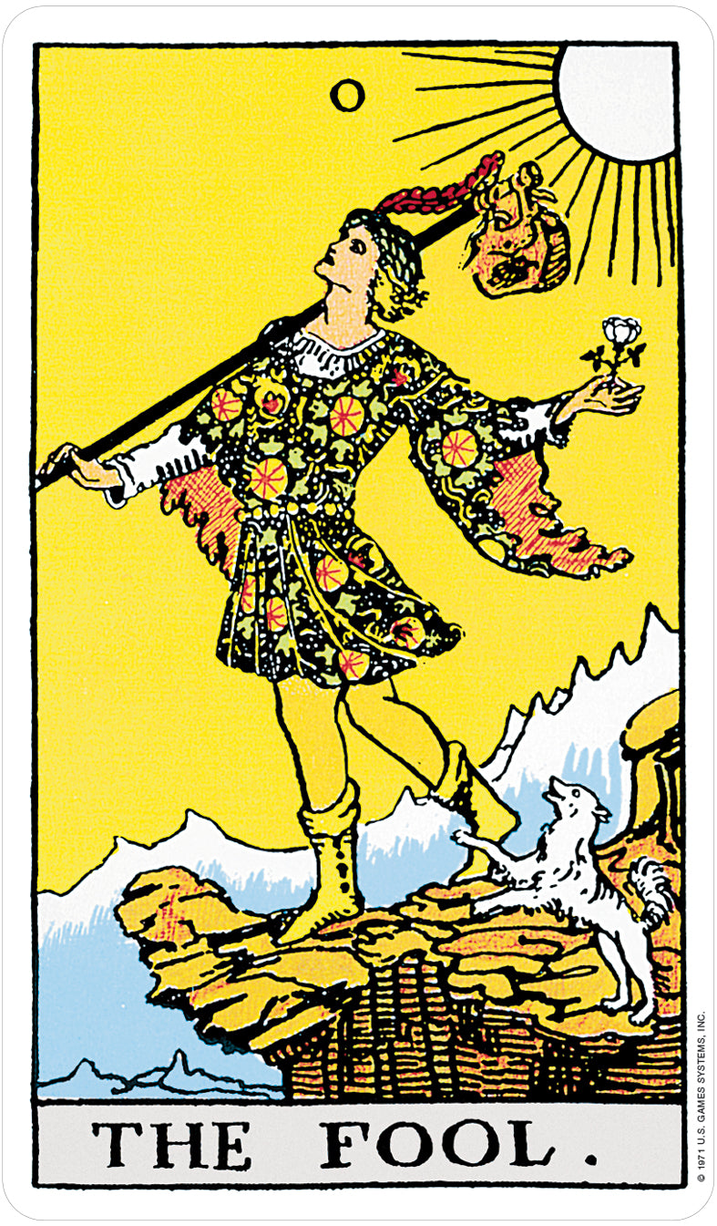 card labeled "the fool." depicts a man with a bindle about to walk off a cliff. a dog is at his side.