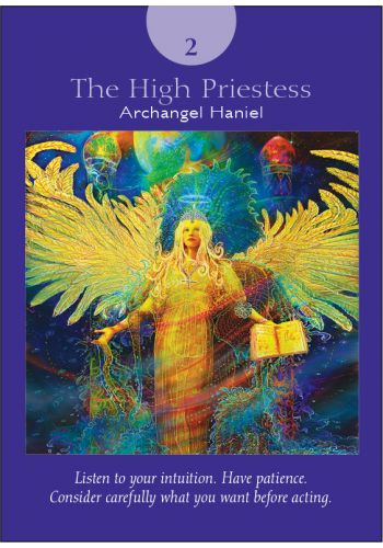 image of the High Priestess tarot card with text: "Listen to your intuition. Have Patience. Consider carefully what you want before acting."