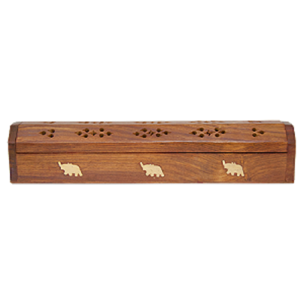 wood incense stick box with brass inlay of elephant