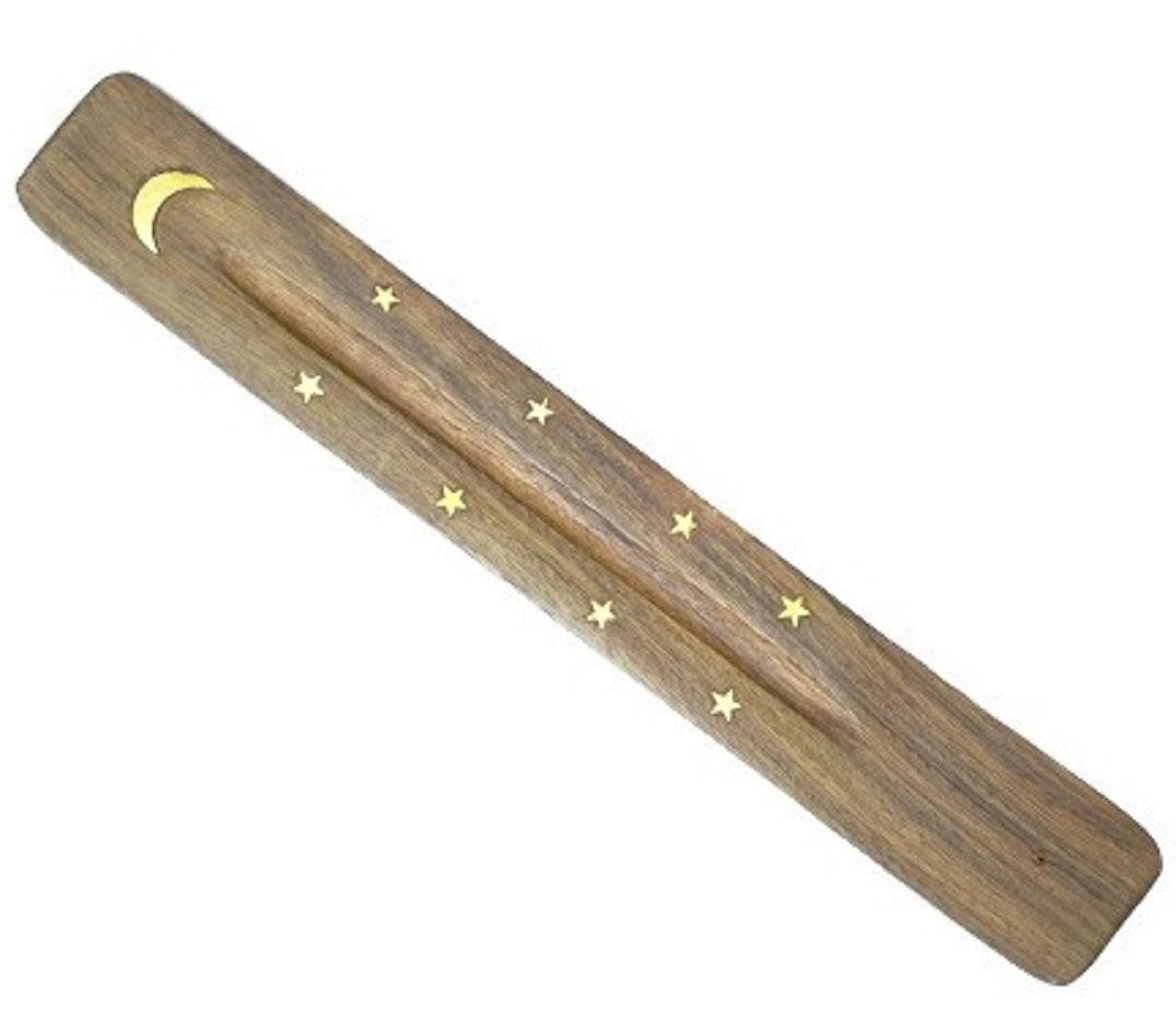 wooden incense ash catcher with brass inlay of crescent moons and stars