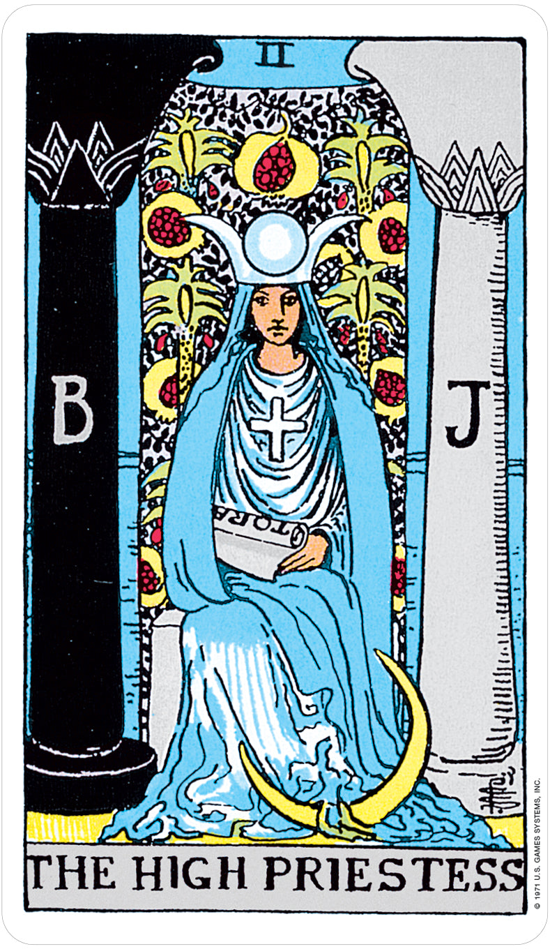 card labeled "the high priestess." depicts a woman in a blue robe and egyptian headdress sitting on a throne.