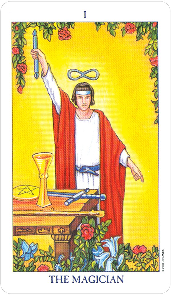 card labeled "the magician." depicts a man in a red robe with te infinity symbol above his head. a table before him holds a cup, a staff, a sword, and a pentacle.